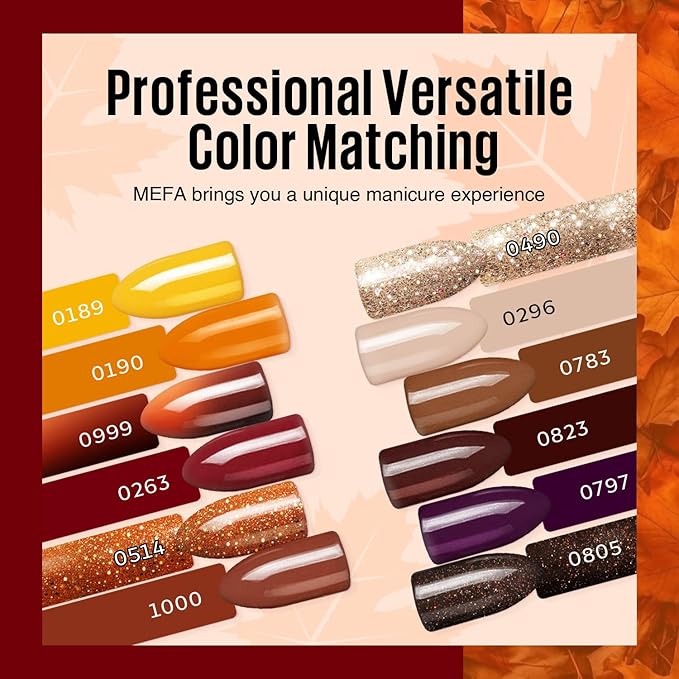 MEFA 19 Pcs Gel Nail Polish Kit with U V Light, 12 Colors Fall Gel Nail Polish Set Burgundy Red Champagne Gold Purple Glitter Soak Off Manicure Tools Halloween Beginners Salon Art DIY for Women
