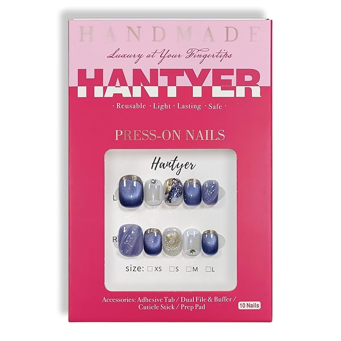 10pcs Press on Nails, Short Square Fake Nails, Blue Cat Eye Ombre with Golden Bling Edge, Glossy Finish Handmade Nails Sweet Style, Reusable for Party (Size L)