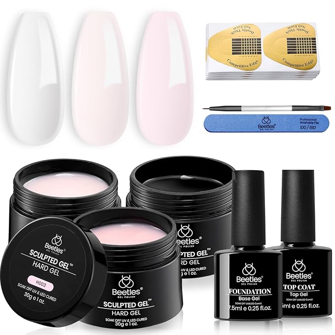 Beetles Builder Gel for Nails-3 Colors 9 in 1 Nail Extension Sculpting Building Clear Nude Pink Hard Gel Kit with Base Top Coat for Pros Women,UV & LED Lamp Cured Needed