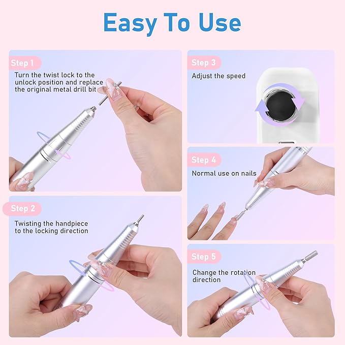 Portable Electric Nail Drill Professional 45000 RPM, Rechargeable Electric Nail File Machine Kit for Acrylic Gel Nails Polishing Removing, Quiet E-File with Bits for Manicure Salon Home