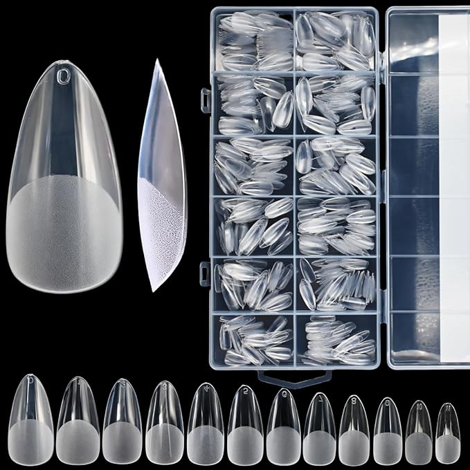 Short Almond Gel Nail Tips, 600PCS Pre - Etched Clear Fake Nails, 12 Sizes Full Cover Soft Acrylic Press - On Nail Extensions, No C Curve, DIY Manicure at Home