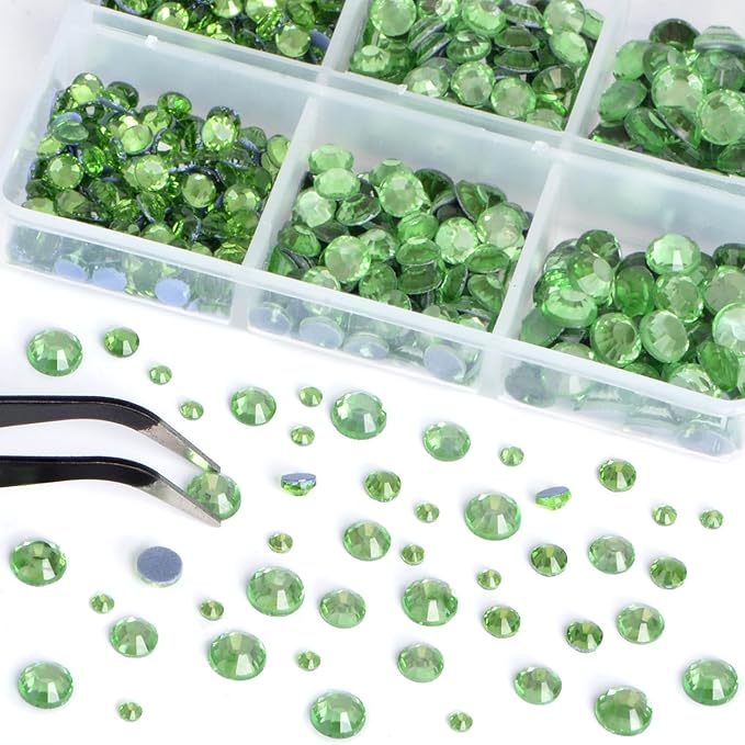 Bymitel Hotfix Crystal Rhinestones Round Gems for Crafts,Mixed 6 Sizes with Wax Pencil Kit, Peridot 1.6-6.3mm SS4-SS30/8000pcs