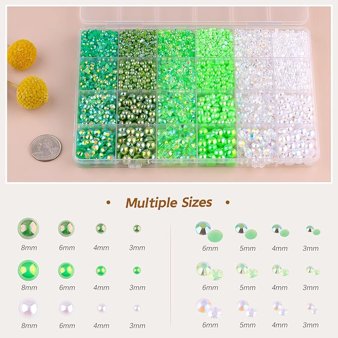 14000PCS Flatback Pearls and Green Rhinestones for Bedazzling Kit, Green Mixed Size 3-10mm Resin Rhinestones Gems and Half Pearls for Crafting, Nail Art Crafts Decoration