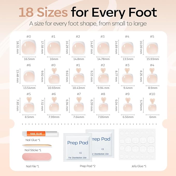 Modelones Press on Toenails Short, Nude French Tip Toe Nails Square, Reusable Nail Kit with Nail Glue Adhesive Tabs Mini Nail File, Toe Nails 36Pcs 18Sizes, Spring Women Girl Gift