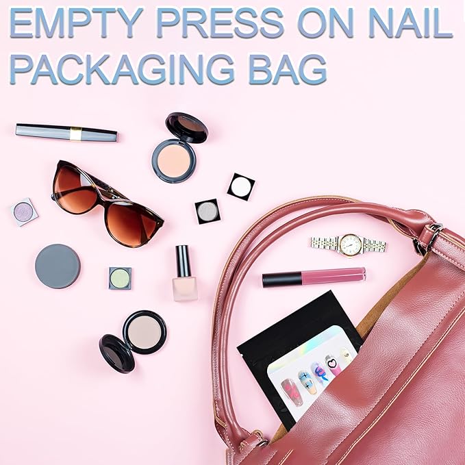 100 PCS Press On Nails Packaging Bag Holographic Nail Storage Bag and 100PCS Shiny White Pearl Card with 7 Sheets Pre-cut Nail Tape (Black)