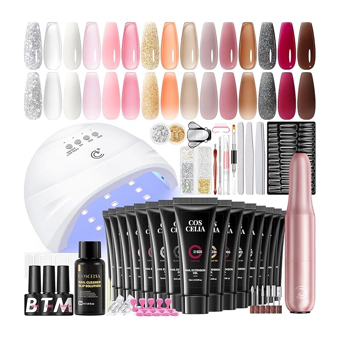 COSCELIA 50PC Poly Nail Gel Kit Starter Kit with Drill and Lamp 15 Colors 16ML Nail Extension Gel for Beginners All Season Nail Decorations Poly Extension Kit Gifts for Women
