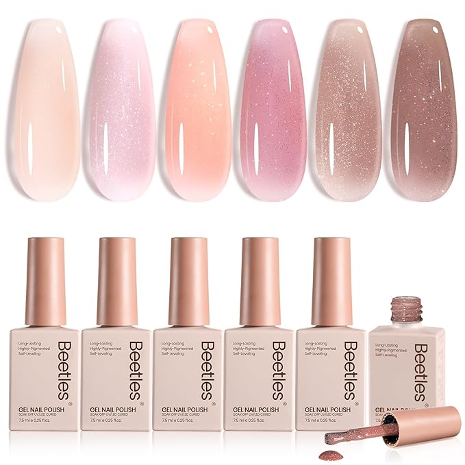 Beetles Jelly Gel Nail Polish Set - 6 Colors Shimmer Gel Polish Kit Glitter Nude Pink Brown Sheer Transparent Effect Soak Off UV Lady with Dreams Collection Gift for Women