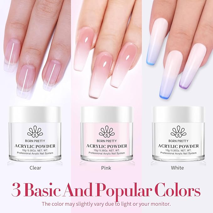 BORN PRETTY Acrylic Nail Kit - Acrylic Powder (Clear, White, Pink) & Liquid Set with Nail Forms, Brush Pen, File & Glass Container - Beginner Friendly