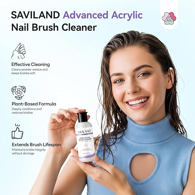 SAVILAND Advanced Acrylic Brush Cleaner: 3-Minute Deep Clean & Conditioning Liquid, Plant-Based Cleaner Conditioner Preserver Restorer for Acrylic Nail Brushes, Home DIY & Salon Use, 5 OZ