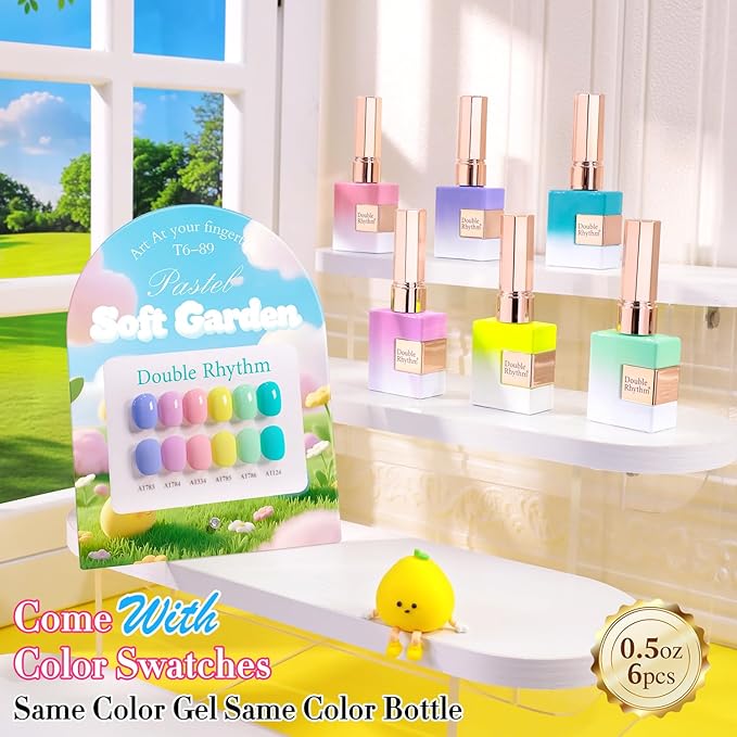 Double Rhythm 6 Pcs 15 ML Gel Polish Set Same Color Same Bottle Soak Off Gel Polish Kit Nail Art Manicure Salon DIY at Home for Women (Pastel Mint Green Yellow Pink Blue Teal-T6-89)