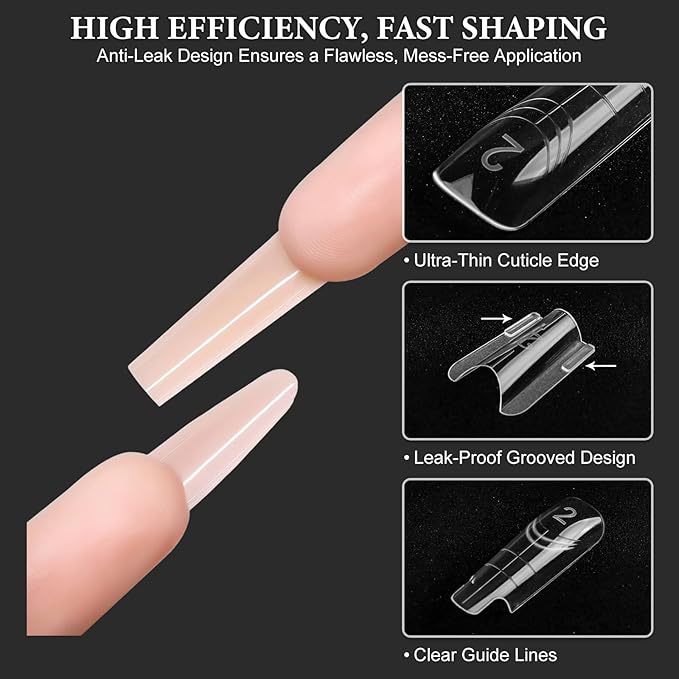 280Pcs Sandwich Nail Dual Forms for Polygel Extension Builder Gel 140 Pairs Coffin Shape Top and Bottom Plastic Nail Molds with Tools for DIY Manicure Art At Home