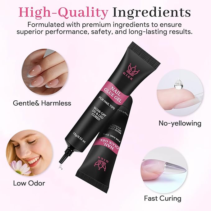 Nail Tips Gel Glue 15g - Lamp Curing Solid Nail Glue for False Acrylic Nails, Crystal Clear Long Lasting 28 Days No Yellowing Salon Quality DIY Home Beginner-friendly