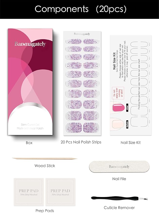 Semi Cured Gel Nail Strips, 20Pcs Long Lasting Salon Quality Wraps, Easy Apply & Remove Gel Nail Stickers with UV Light (Violet Nova Shard Purple)