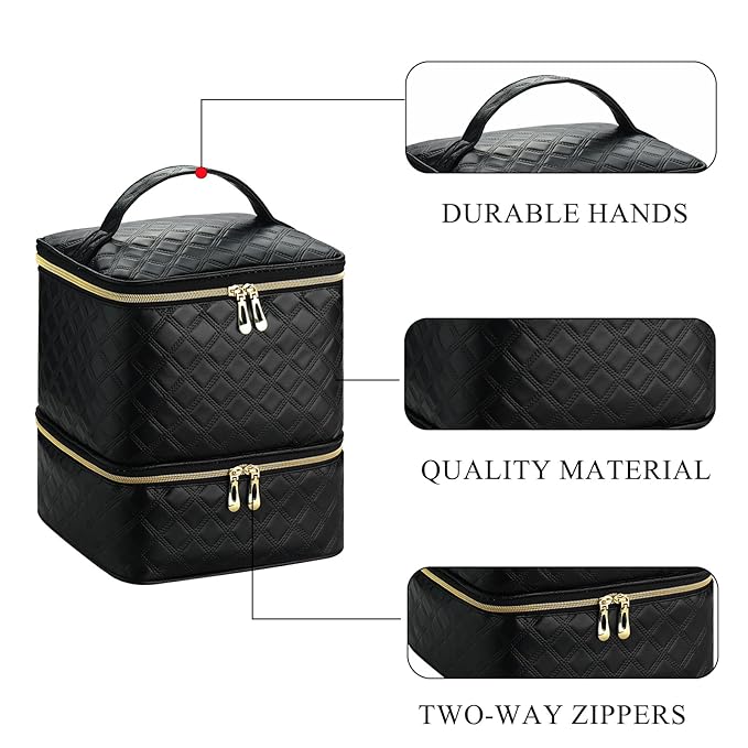 Upgraded Nail Polish Organizer Case - Holds 30 Bottles and 1 Nail Light, Double-layer Nail bag Organzier Case Nail Polish Storage Bag with Handles (Style B-Checker Black)