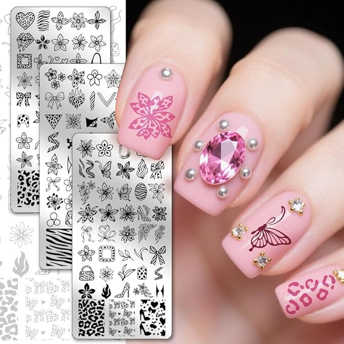 PH PandaHall 3pcs Lily Flower Nail Stamping Plates, Leopard Printed Nail Art Templates Bowknot Heart High Heals Stainless Steel Image Plate Art Stencils with Tool for DIY Print Manicures Salon Design