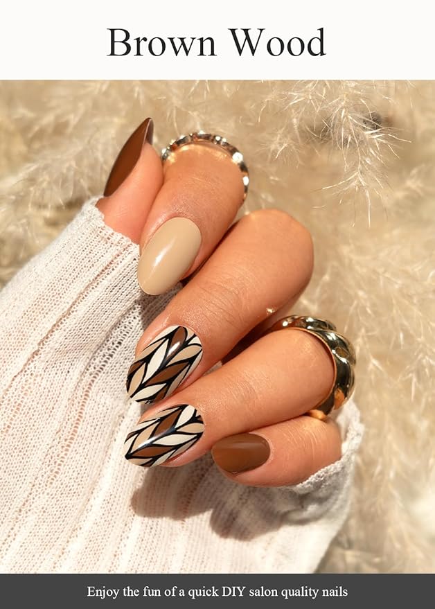 Semi Cured Gel Nail Strips (Brown Wood), 20 Pcs Gel Nail Wraps, Stickers, UV Light Required, Salon Quality, Long Lasting