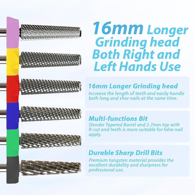 16mm Long Tapered Barrel Nail Drill Bit, 3/32” Safety Tungsten Carbide E-File Bit for False Nail Application, Press-On Tip Apply Nail Extension, Gel & Acrylic Removal, Two-Way Rotation, Double Fine