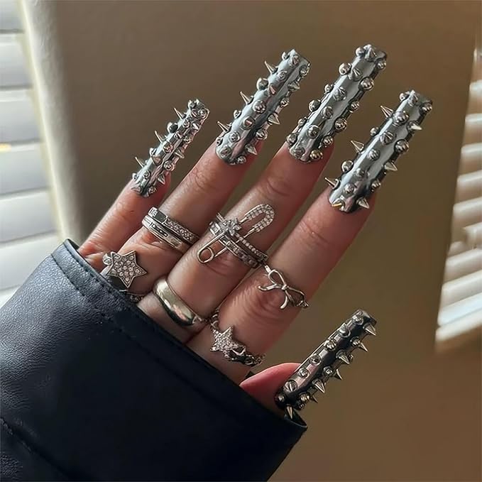 24Pcs Extra long Press on Nails Square Fake Nails Metal Silver Plating Full Cover Acrylic False Nails with Designs DIY Xl Glossy Artificial Stick on Nails for Women