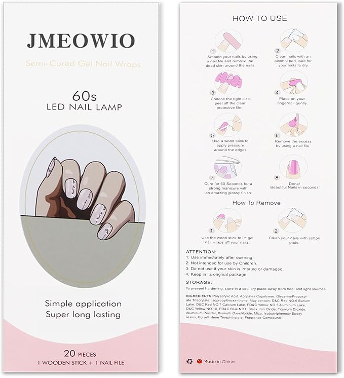 JMEOWIO Gel Nail Stickers White Flower Semi Cured Gel Nail Strips Wraps UV/LED Nails Art Design Decoration Accessories