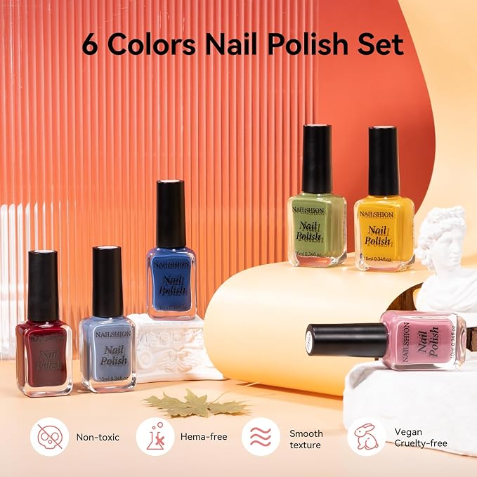 Nail Polish Set Non Gel 6 Colors Burgundy Red Yellow Green Grey Quick Air Dry Nail Polish, No-Toxic, Hema-free, Nail Lacquer Manicure Art DIY at Home Valentine's Day Gift for Women