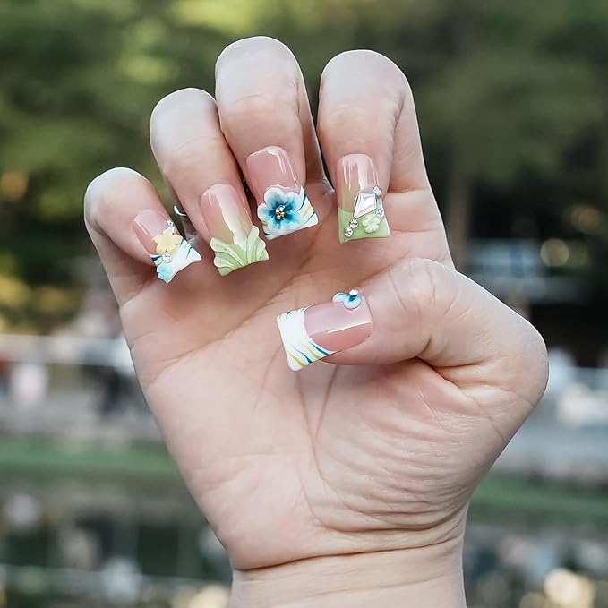 10Pcs Handmade Press on Nails Short Duck Nails Press ons Green French Tip with 3D Floral Rhinestone Design Stick on Nails for Women Nails Art (Whisper in Blush & Mints,S)