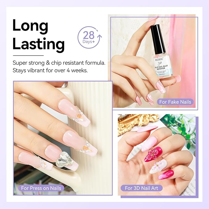 MIZHSE Solid Nail Glue Gel and Glue Remover, Strong Adhesion 18g Solid Gel Glue Kit for Acrylic Fake Nails and Nail Tips 10mL Press on Nails Remover Easy Removal