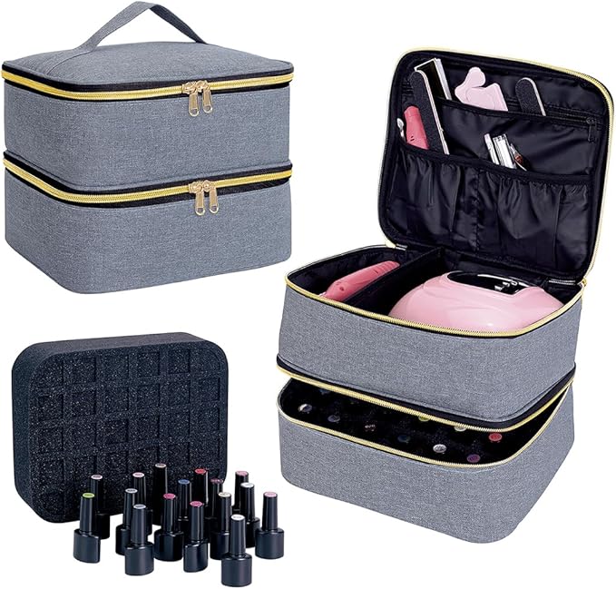 Nail Polish Organizer, Handheld Double Layer Organizer Holds 30 Bottles (15 ml/0.5 floz) with Adjustable Dividers for Nail Polish Small Manicure Lamp Manicure Tools Essential and Travel,Gray Gold
