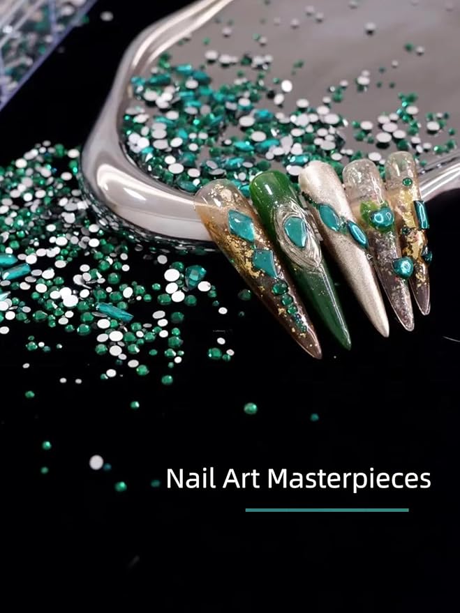 6080PCS Green Rhinestones for Nails, Rhinestone kit with 20 Shapes, 3D Flatback Crystals Diamonds for Nail Art Design,Mix Sizes Nail Charms and Gems(Tweezers Included)