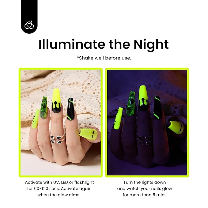Beetles Gel Nail Polish – Luminous Yellow Glow in the Dark Green Gel Polish, Noctilucent Green Luminous Color Soak Off U v LED Lamp DIY Manicure 0.5Oz