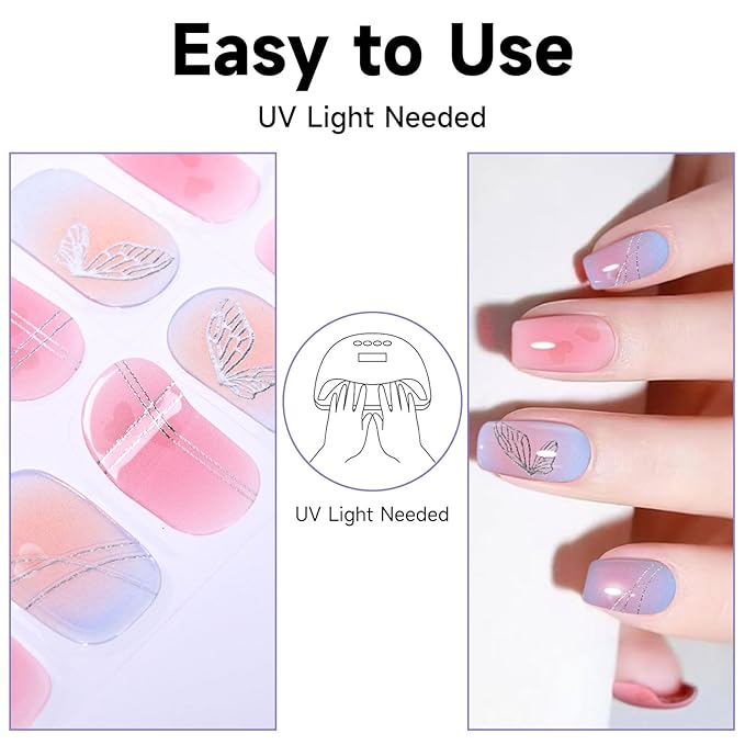 Semi Cured Gel Nail Strips, 28 pcs Gel Nail Stickers Work with Any UV Lights, Long-Lasting Nail Wraps, Stick on Nails for women Easy to Apply & Remove