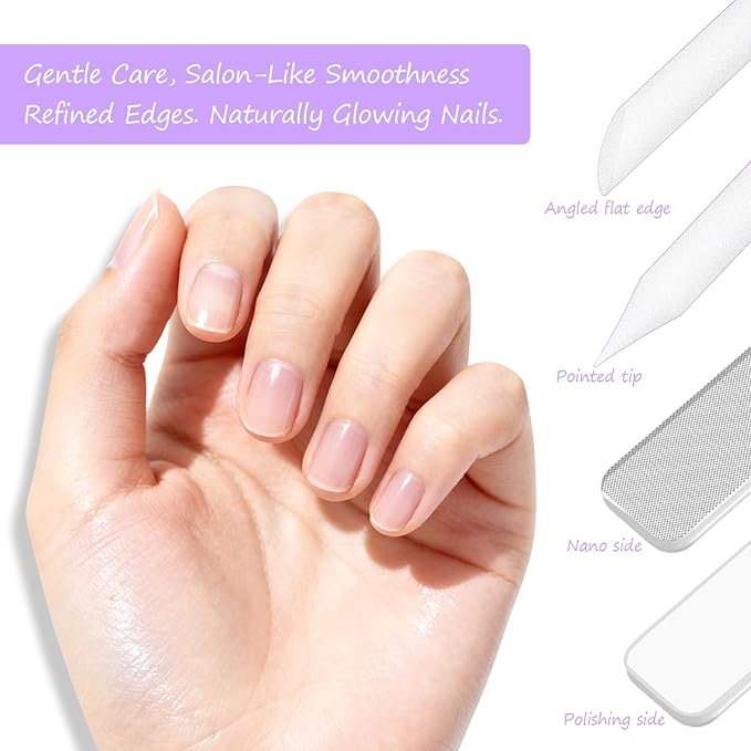 Glass Nail File and Cuticle Pusher Set, Dual-Ended Crystal Cuticle Stick with Sanding Pads, Gentle Prep and Care Tools for Natural Nails, Home Manicure & Pedicure Salon Supplies (#2)