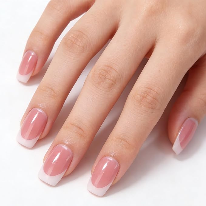 Handmade Press on Nails Solid Color Fake Nails Short Square White French Tip False Nail with Designs Muti-Layer Gel Thicked Acrylic Nails Full Cover Salon Quality Stick on Nail Kit for Women (M)