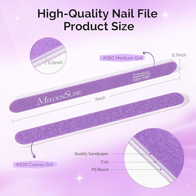 MelodySusie Nail File Kit, 2Pcs Double Sided 100/180 Grit Straight Shape Emery Boards For Nails, Professional Nail Art Manicure Pedicure Supplies for Home and Salon Use, Purple