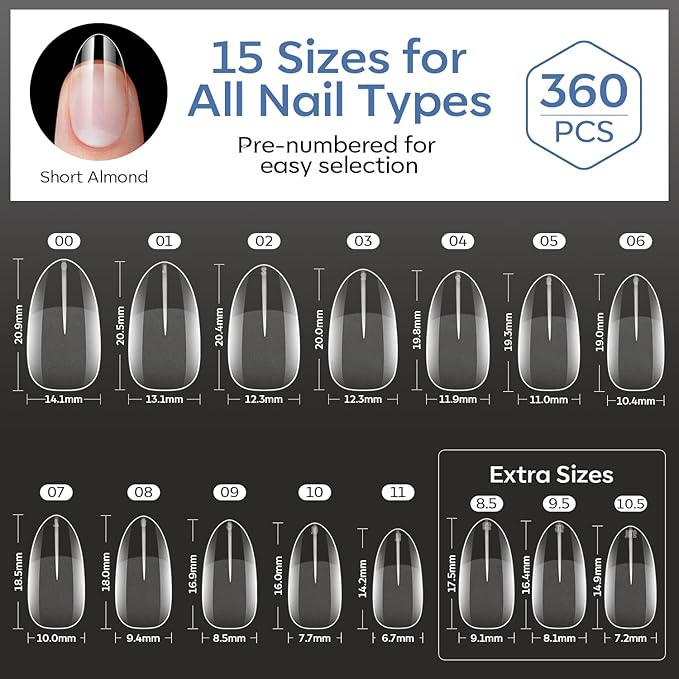 modelones Short Almond Nail Tips, 360pcs Pre-etched Clear Soft Press On Fake Nails Full Cover Half Matte Acrylic Gel Tips Extension for Salon & Home Use 15 Sizes