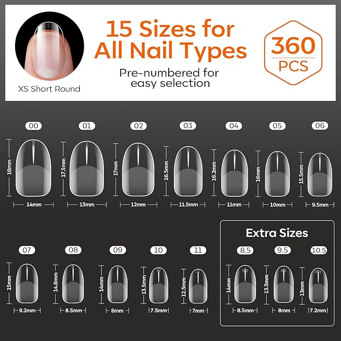 modelones Extra Short Oval Gel Nail Tips, 360pcs Pre-etched Clear Round Fake Nails Press On Full Cover Half Matte 15 Sizes Acrylic Gel Tips for Extension Salon