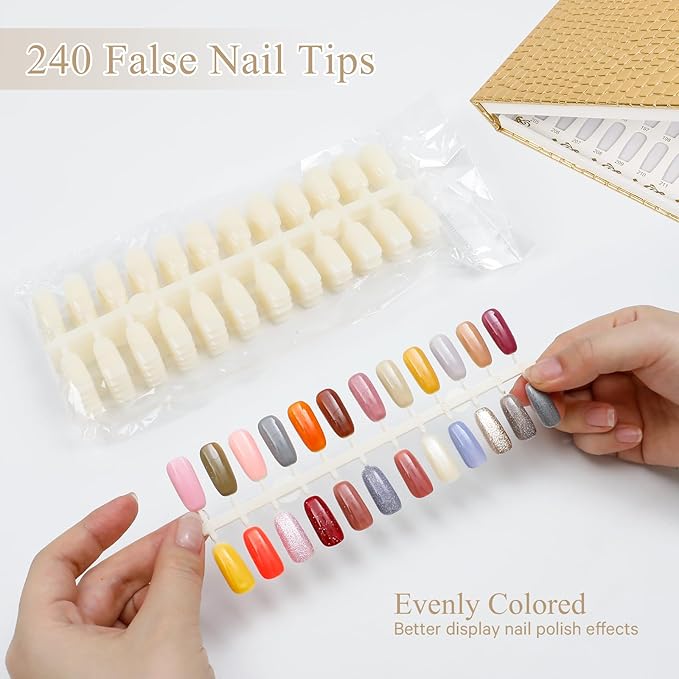 216 Colors Nail Display Chart, Nail Gel Polish Organizer Color Card with 240 False Nail Tips, Nail Color Display Book Chart Salon Nail Supplies Sample Chart Tool Set Nail Swatch (Gold, 1 Pack)