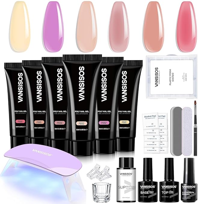 Poly Gel Nail Kit: Fluorescent Colors Poly Extension Gel Kit with Nail Lamp Slip Solution Acid-Free Primer Nail Art Tools for DIY Salon Nails