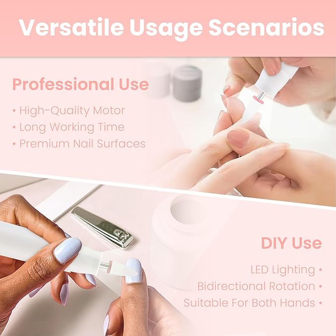 Cordless Electric Nail Drill Kit, Portable Rechargeable Nail Drill Set, Battery Electric Nail File, 5 Speeds Modes, LED Lighting, Reversible Direction, DIY, Professional (White)