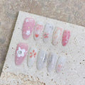 Pink Nails Acrylic Press on Nails Medium Almond Hand Painted Flower Floral Bow Tie Designs Stick on Nails Full Cover Reusable Fake Nails Press Ons 10pcs/box Glossy Glue on Nails(L)