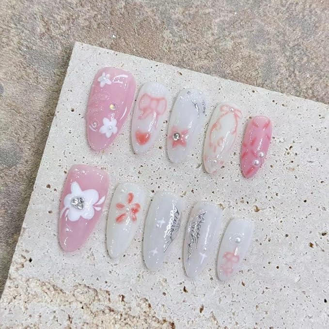Pink Nails Acrylic Press on Nails Medium Almond Hand Painted Flower Floral Bow Tie Designs Stick on Nails Full Cover Reusable Fake Nails Press Ons 10pcs/box Glossy Glue on Nails(L)