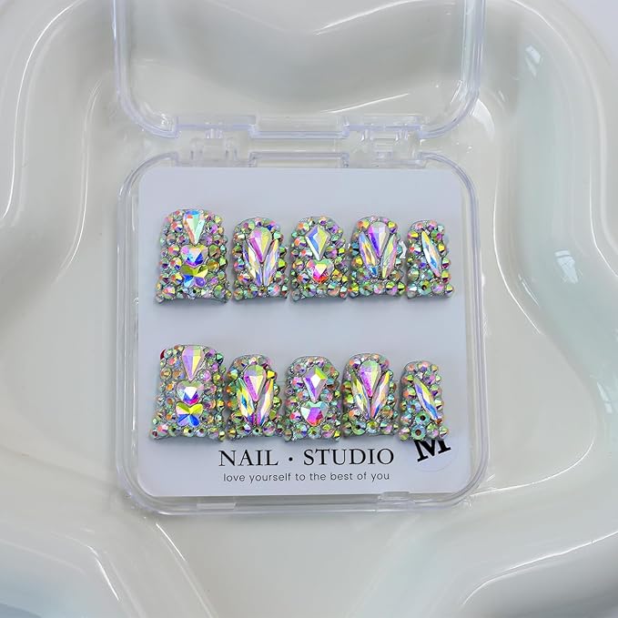 10Pcs Handmade Rhinestone Press on Nails Short Duck Fake Nails with Rhinestone Design Full Cover False Nails Short Hand Made Press on Nails Reusable Stick on Nail Artificial Glue on Nail for Women (M)