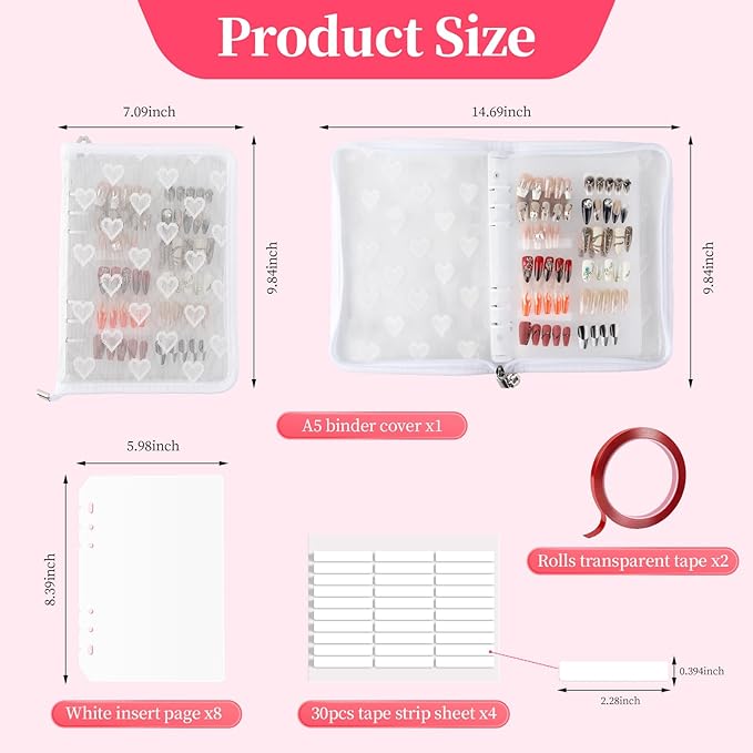 Press On Nail Storage Organizer Binder with 8 Insert Pages - A5 Size & Double Sized Tape, Press on Nails Display Storage Book, Reusable Fake Nail Swatch Collecting Book (White)