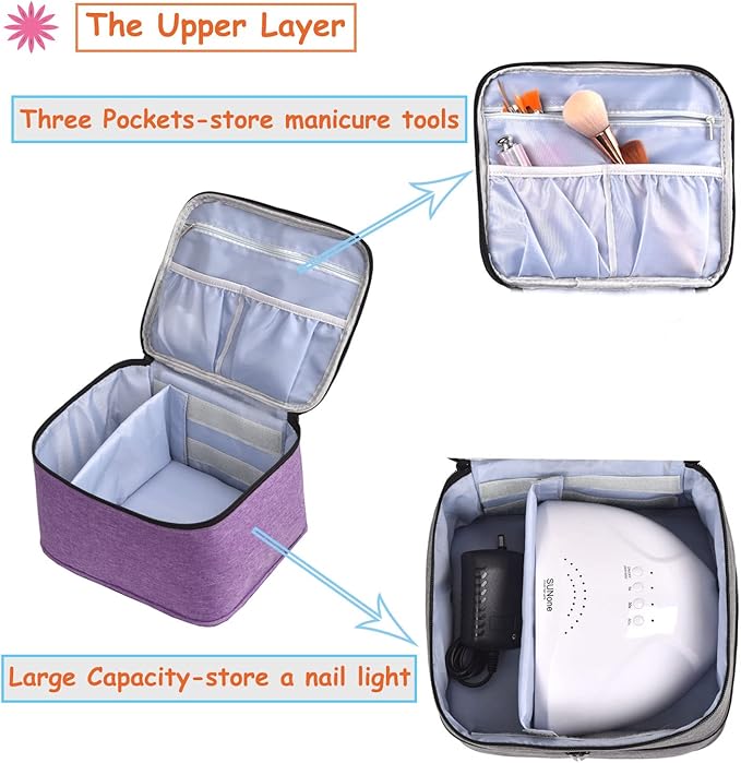 Nail Polish Organizer Holds 30 Bottles (15ml) and 1 Nail Light Nail Polish Carrying Case with Storage Pockets for Manicure Tools Double Layer Nail Storage Travel Bag with Handle (A-Purple)