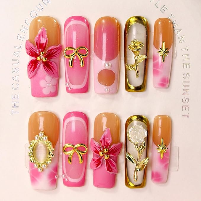 Handmade Press on Nails Long Square Fake Nails French False Nails with Golden Rose & 3D Flower Luxury Pearl Bow Thickened Acrylic Nails Design Full Cover Flower Press on Nail for Women Nail Art（M)