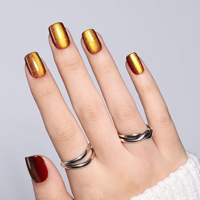 Brown Cat Eye Press On Nails - Short Square Press on Nails Press Ons for Women, Reusable Glossy Fake Nails Kit with Glue DIY Nails Short in 15 Sizes - 30pcs, Amber Mocha
