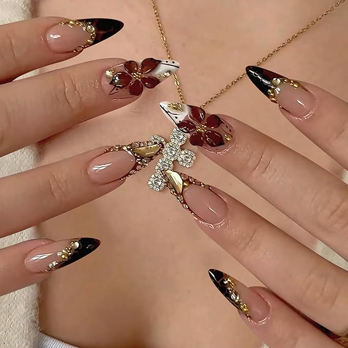 Almond Press on Nails Long Fake Nails SEENEEY Brown Artificial Nail Black French Tip and 3D Flowers Designs Rhinestones Tortoise Shell Stick on Nail for Women 24pcs