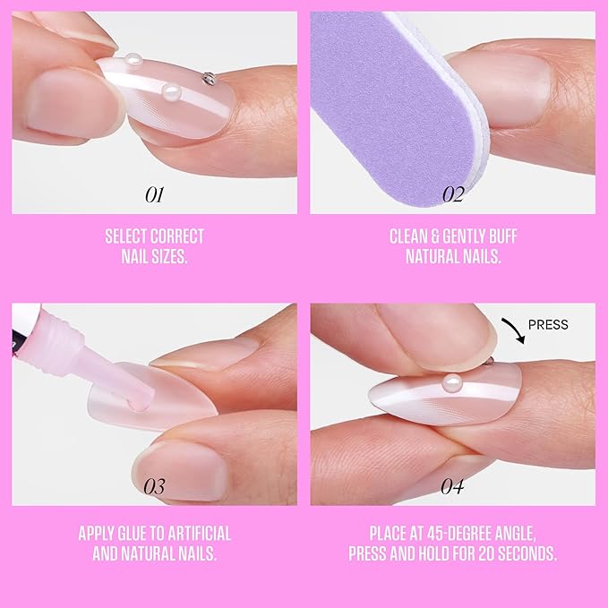 KISS GLAM, Press On Nails, Nail glue included, 'Ripple', Pink, Medium Size, Almond Shape, Includes 32 Nails, 2g Glue, 1 Manicure Stick, 1 Mini File