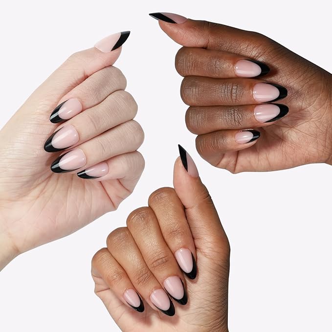 Black French Tip Gel Press On Nails Almond Short 16 Sizes Fake Nails 32Pcs Glossy, Nail Glue Included