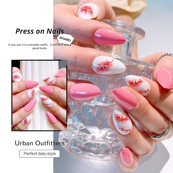 Press on Nails Almond Short Pink Flower False Nails with 3 D Gold Glitter Designs Pink Full Cover Removable Glossy Acrylic Glue on Nails Natural Stick on Nails for Women 24 Pcs