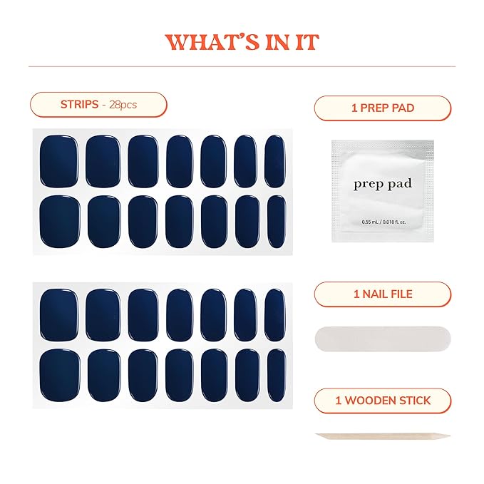Heyhae Semi Cured Gel Nail Strips | No LED Lamp Needed | Summer, Solid, Navy | Easy Apply & Remove, Salon Quality | Includes 28 Strips, 1 Prep Pads, Nail File & Wooden stick - Hey, Navy Baby